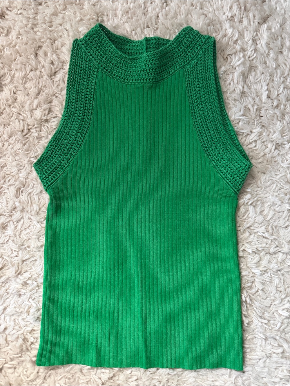 Ann Taylor Bright Green Ribbed Knit Tank with Crochet Trim